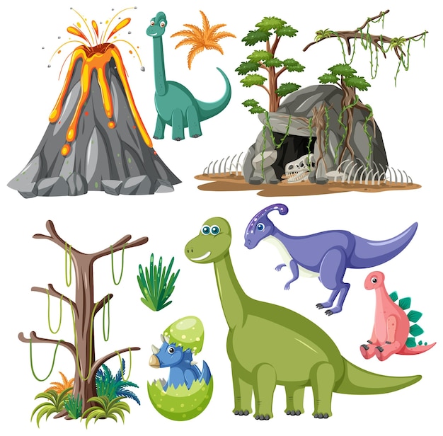 Vector colección de vectores de dinosaurios y elementos naturales