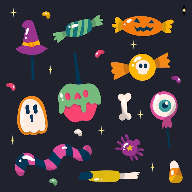 Colección de vectores de dulces de Halloween estilo doodle Caramelos de vacaciones de dibujos animados aislados en negro