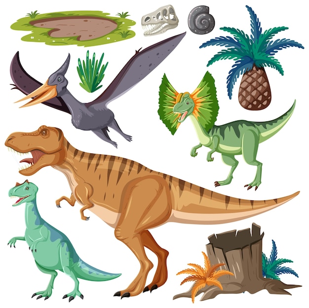 Vector colección de vectores de elementos de dinosaurios y naturaleza