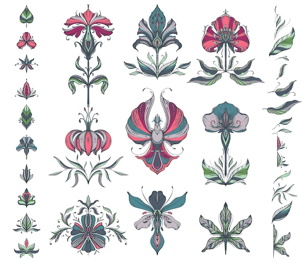 Vector colección de vectores de elementos florales dibujados a mano flores y hojas