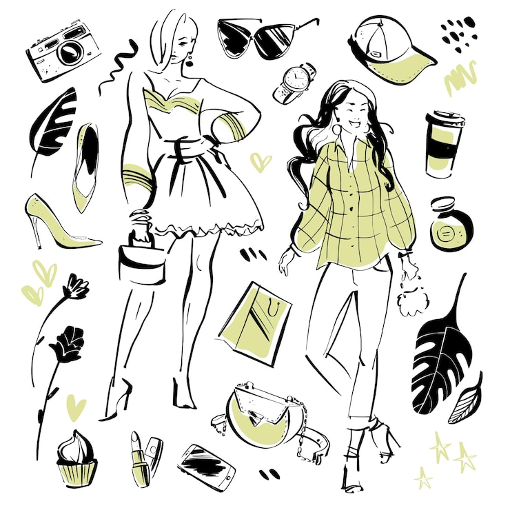 Vector colección de vectores de elementos de moda modernos y hermosos modelos para el horario de verano: ropa, estilo personal, aspecto moderno, cosméticos, accesorios, zapatos, etc., aislados. estilo de boceto dibujado a mano.