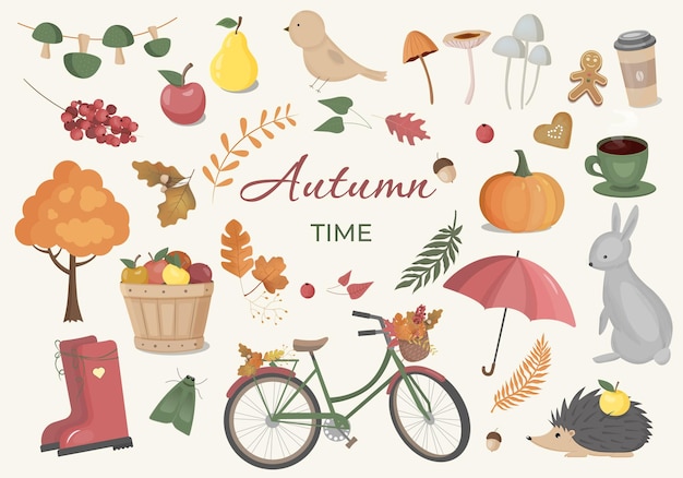 Colección de vectores con elementos de otoño Conjunto de imágenes prediseñadas de otoño con hojas animales del bosque de calabaza y otros símbolos de otoño