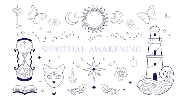 Colección de vectores espirituales místicos de símbolos de despertar mágico faro sol y luna gato etc.