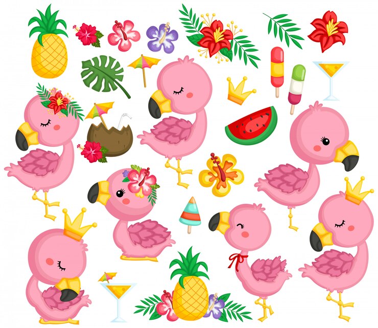 Vector una colección de vectores de flamencos y artículos tropicales.
