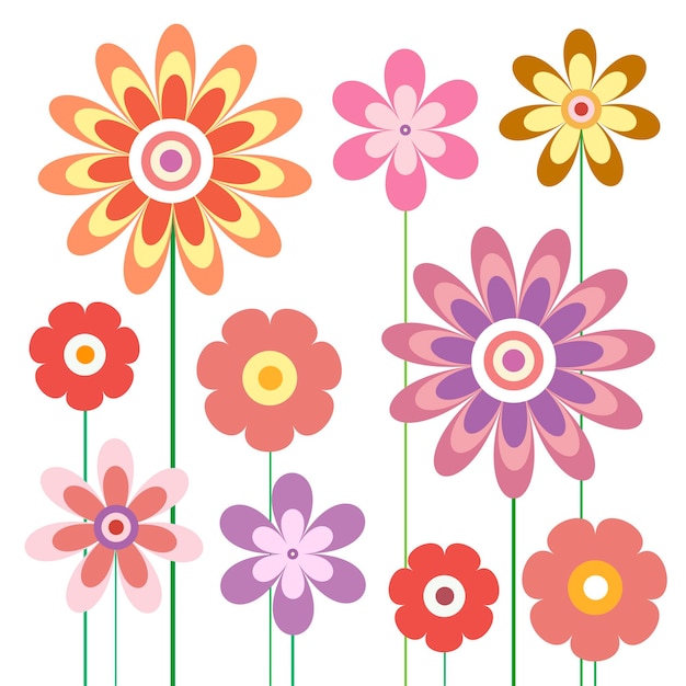 Colección de vectores de flores de primavera flores multicolores simples en estilo moderno para crear patrones diseño de superficie diseño de cuadernos postales carteles