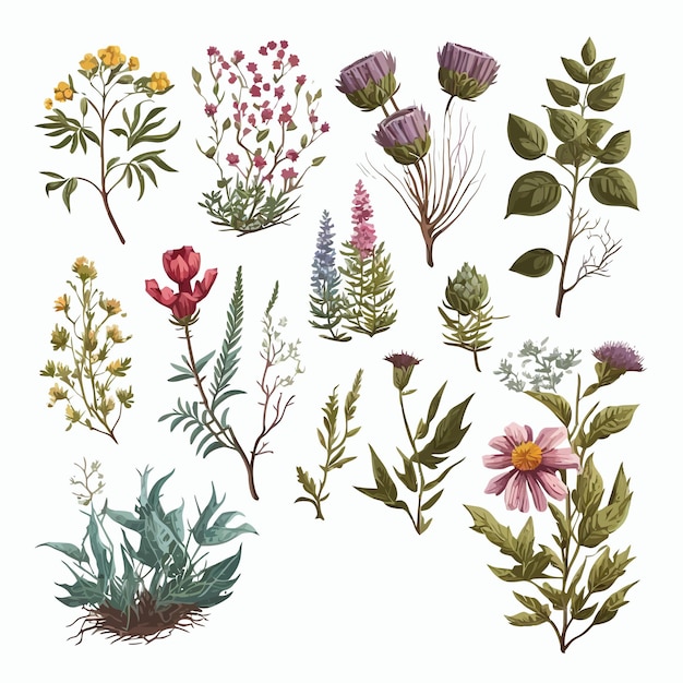 Vector colección de vectores de flores silvestres ilustración dibujada a mano aislada sobre fondo blanco