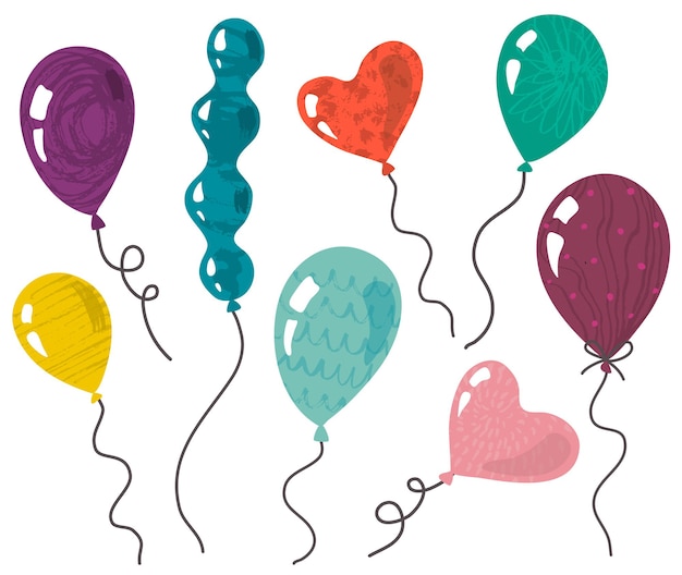 Colección de vectores de globos de doodle con textura dibujada a mano