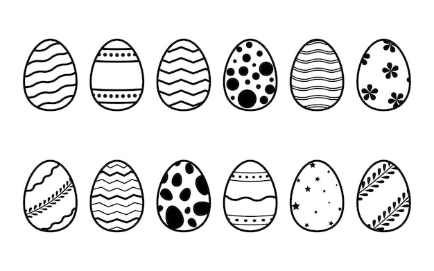 Colección de vectores de huevos de Pascua decorados en estilo garabato aislado sobre fondo blanco Paquete de iconos delineados con un patrón diferente para las vacaciones de primavera con varios adornos