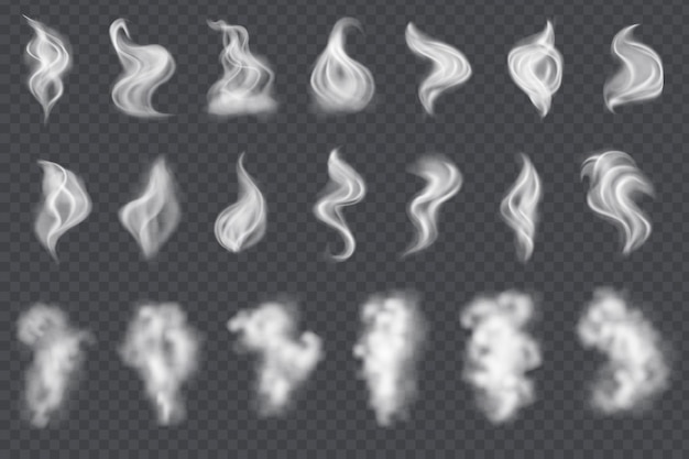 Colección de vectores de humo aislado conjunto de fondo transparente de ondas de vapor de humo blanco realista para