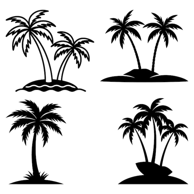 Colección de vectores de islas tropicales con íconos de siluetas de palmeras