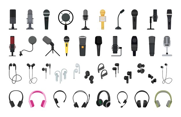 Colección de vectores de micrófonos y auriculares detallados