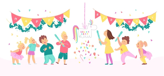 Vector colección de vectores de niños felices de fiesta de cumpleaños con globos, piñata jugando y celebrando aislado sobre fondo blanco. estilo de dibujos animados dibujados a mano plana. bueno para tarjetas, patrones, etiquetas, invitaciones, etc.