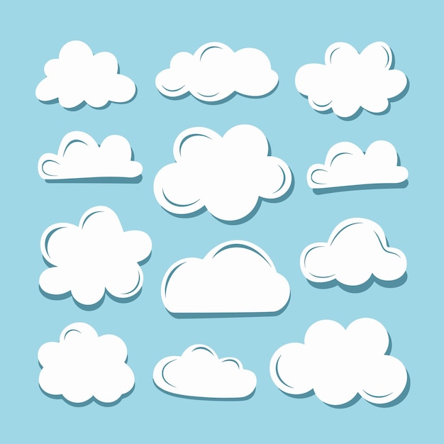 Colección de vectores de nubes blancas sobre un fondo azul claro