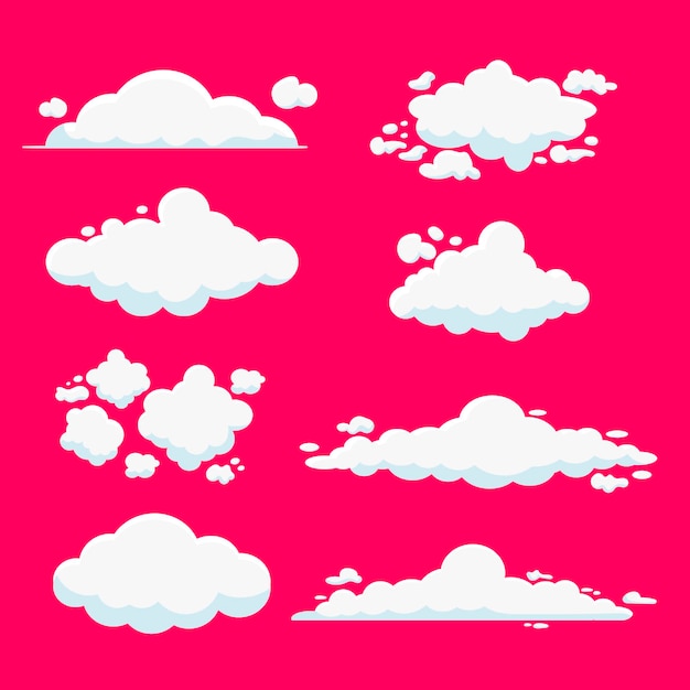 Colección de vectores de nubes de dibujos animados aislados en un fondo rosa