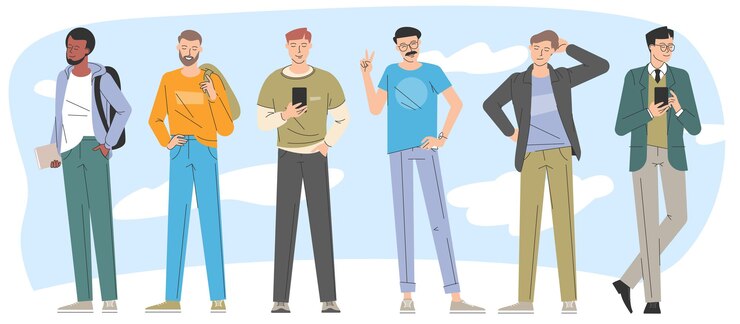Vector colección de vectores de personajes de moda de diseño plano de hombres jóvenes.