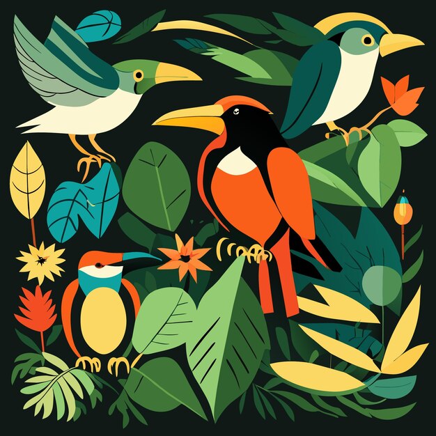 Vector colección de vectores planos de arte de aves de la selva tropical caprichosa