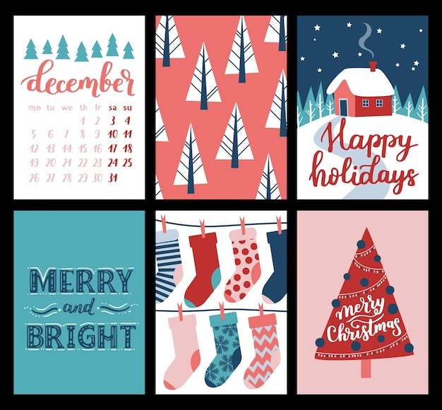 Colección de vectores de plantillas de carteles de Navidad Año nuevo 2023 conjunto de tarjetas de felicitación de Navidad Regalos de colores brillantes y letras escritas a mano para su invitación y diseño