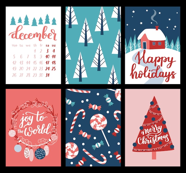 Colección de vectores de plantillas de carteles de Navidad Año nuevo 2023 conjunto de tarjetas de felicitación de Navidad Regalos de colores brillantes y letras escritas a mano para su invitación y diseño