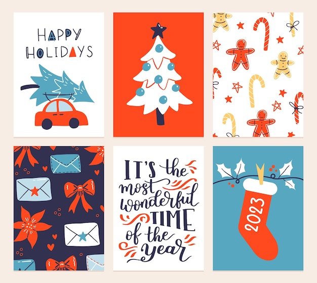 Colección de vectores de plantillas de carteles de Navidad Año nuevo 2023 conjunto de tarjetas de felicitación de Navidad Regalos de colores brillantes y letras escritas a mano para su invitación y diseño