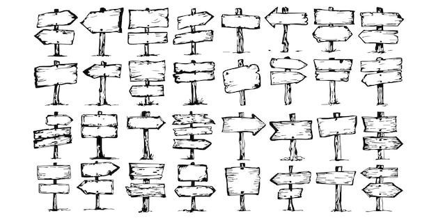Colección de vectores de señales de flecha de madera dibujadas a mano