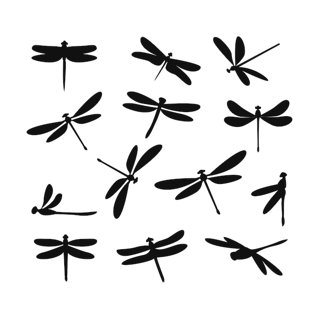 Colección de vectores de silueta de libélula aislados en fondo blanco Vector de íconos planos de insectos