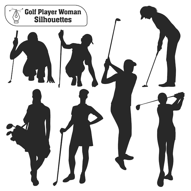 Colección de vectores de siluetas femeninas de jugador de golf en diferentes poses