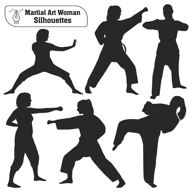 Colección de vectores de siluetas de mujer de arte marcial en diferentes poses