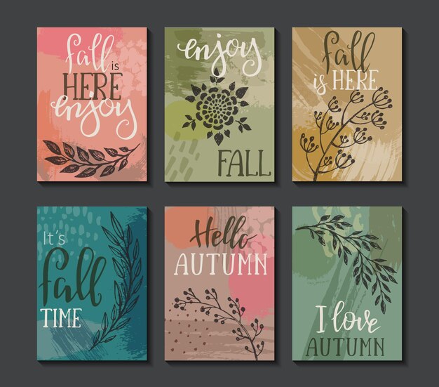 Colección de vectores de tarjetas de otoño. plantillas de folletos de otoño con texto de letras a mano. hermosas ramas de árboles y textura abstracta. cartel, calendario, nota, etiqueta, horario, planificador, conjunto de diseño de banner.