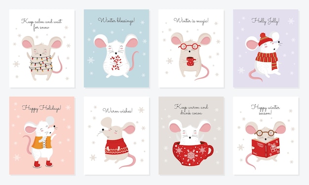 Colección de vectores de tarjetas con ratas lindas de invierno de dibujo a mano en ropa acogedora