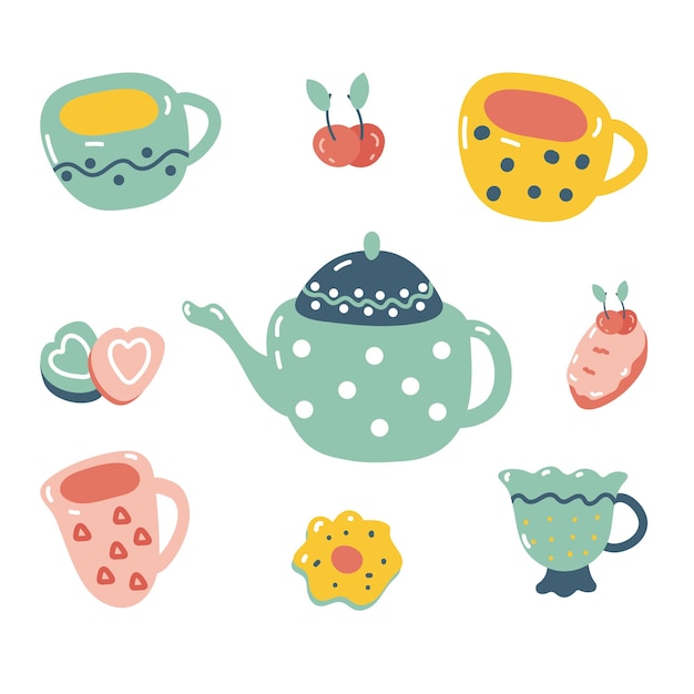 Colección de vectores de taza, tazas y dulces en estilo plano