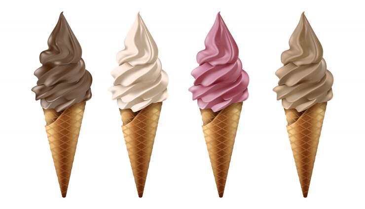Vector colección de vectores de yogurt helado o helado en chocolate, vainilla, fresa y sabor a café.