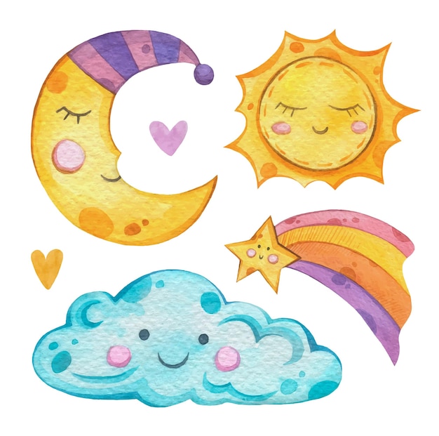 Colección vectorial de acuarela linda nube del tiempo estrella luna sol clipart aislado en fondo blanco