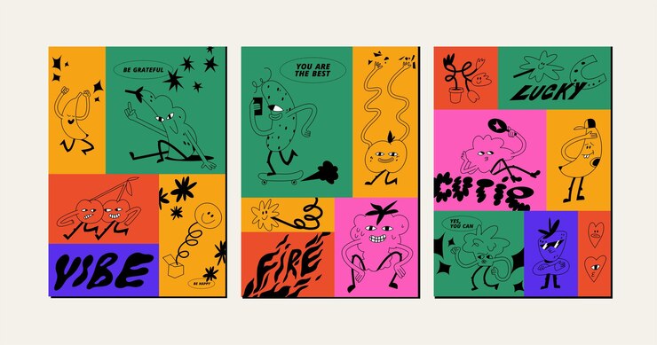 Colección vectorial de afiches retro groovy con personajes frutas y verduras con citas motivacionales tipográficas Placard para imprimir