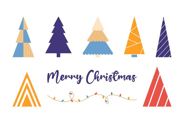 Colección vectorial de árboles de Navidad geométricos abstractos y guirnaldas Siluetas de árboles de Navidad Conjunto de abetos coloridos