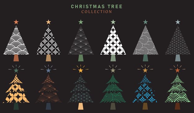 colección vectorial de árboles de Navidad con patrones japoneses o asiáticos