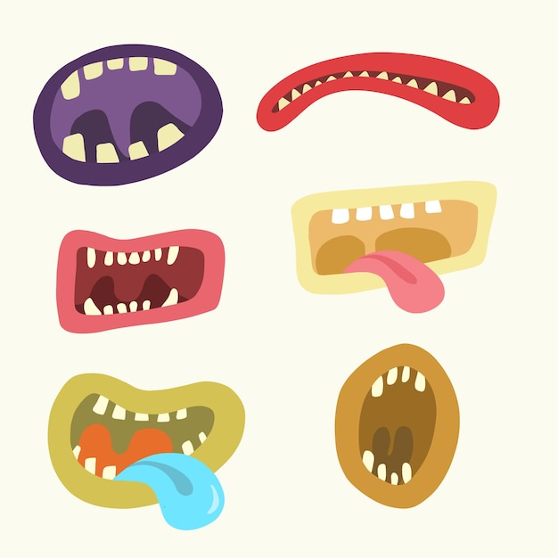 Colección vectorial de bocas aterradoras de monstruos con lengua azul y rosa para fiestas de halloween