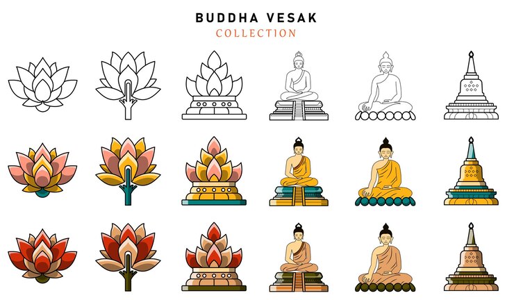colección vectorial de budas estupa de loto estatua de budas conjunto de elementos de diseño vesak