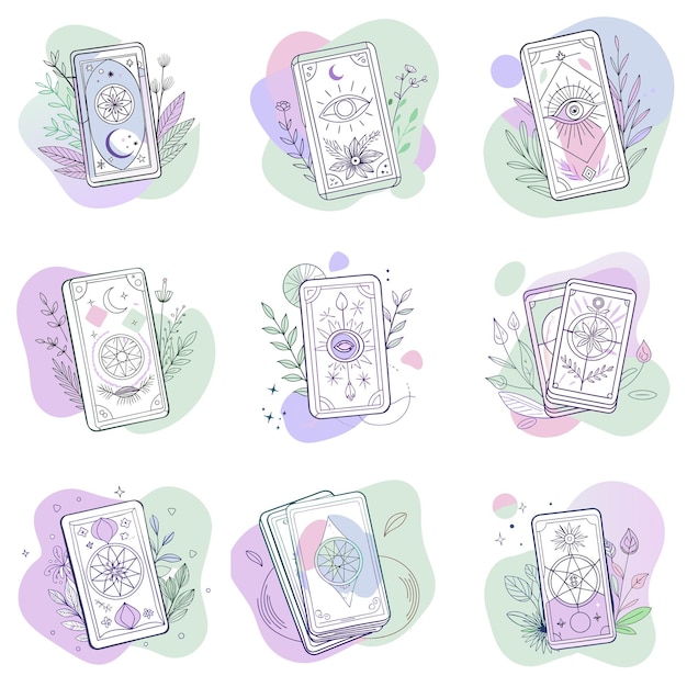 Colección vectorial de cartas de tarot mágicas ricamente decoradas con elementos simbólicos