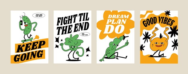 Colección vectorial de carteles con personajes guisantes brócoli pepino y melocotón