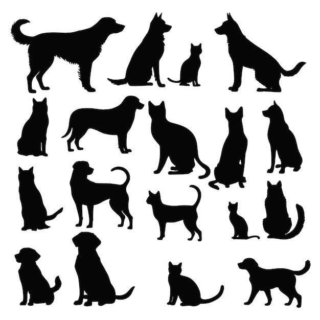 Colección vectorial de conjuntos de siluetas de perros y gatos