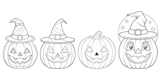 Colección vectorial de cuatro calabazas con diferentes sombreros de bruja para pegatinas de iconos con temática de Halloween