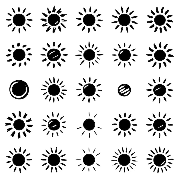 Colección vectorial de elementos del ícono del sol Trazos de pincel negros dibujados a mano