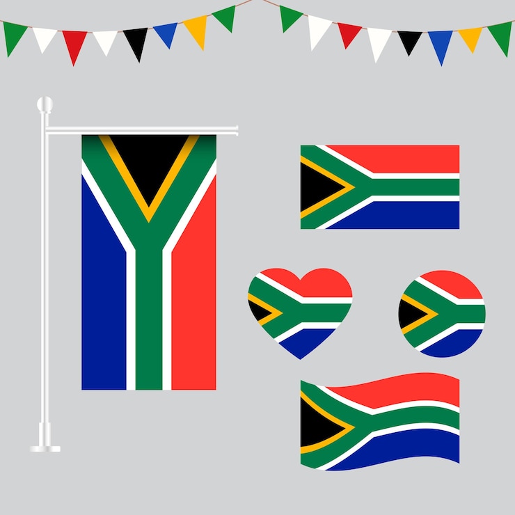 Colección vectorial de emblemas e iconos de la bandera de Sudáfrica en diferentes formas