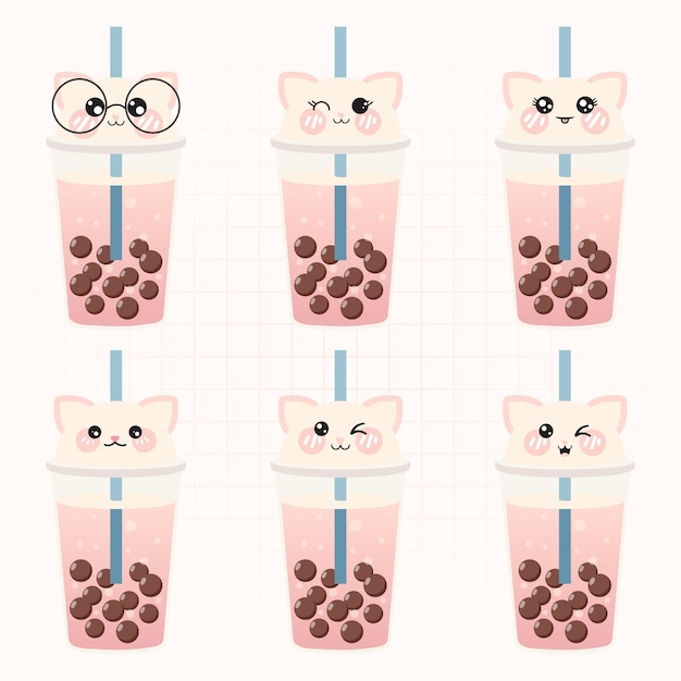 Vector colección vectorial de emoji de expresión facial de té con burbujas de kawaii y té boba