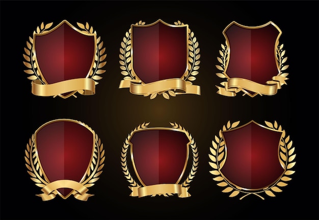 Colección vectorial de escudos dorados y rojos y coronas de laurel