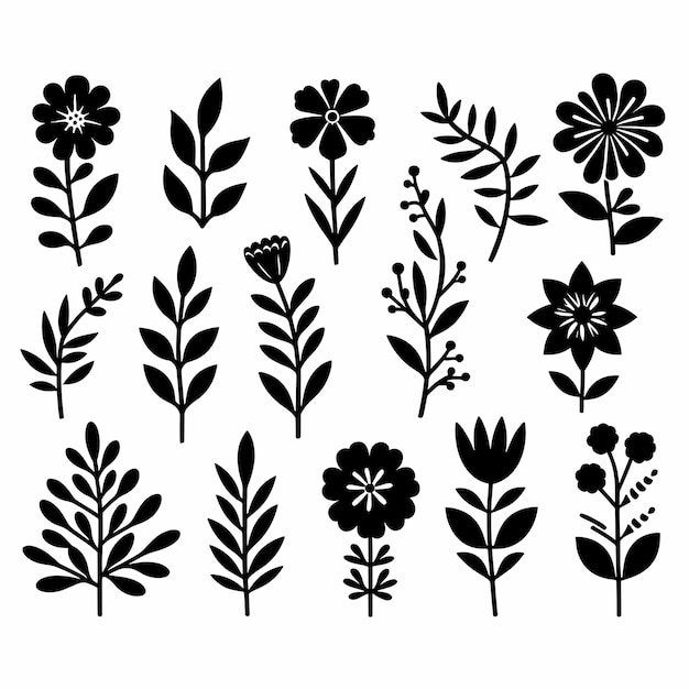 Colección vectorial estilizada de siluetas de flores con patrones florales en blanco y negro