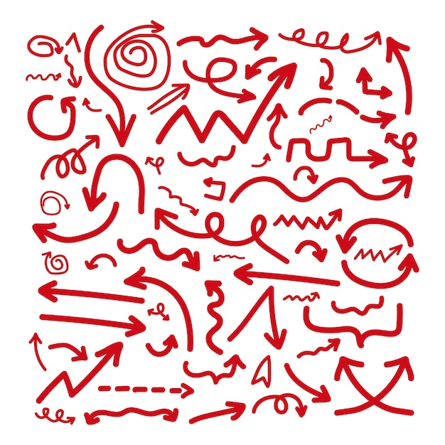 Colección vectorial de flechas rojas dibujadas a mano señalan direcciones