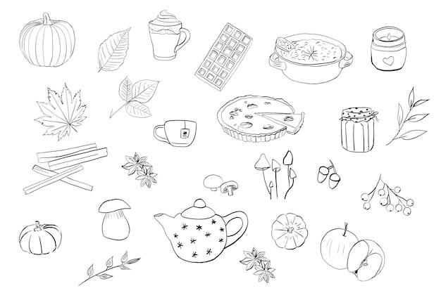 Colección vectorial con icono de otoño Conjunto de clipart de otoño con hojas, calabazas, frutas y hongos