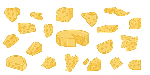 Colección vectorial de ilustraciones de rebanadas de queso estilo doodle dibujado a mano con bloques de cuñas