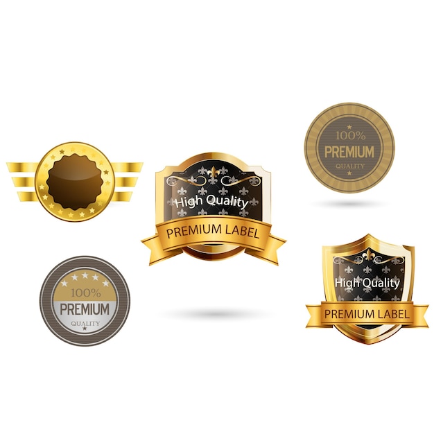 Colección vectorial de insignias de oro y plata y etiquetas de diferentes formas